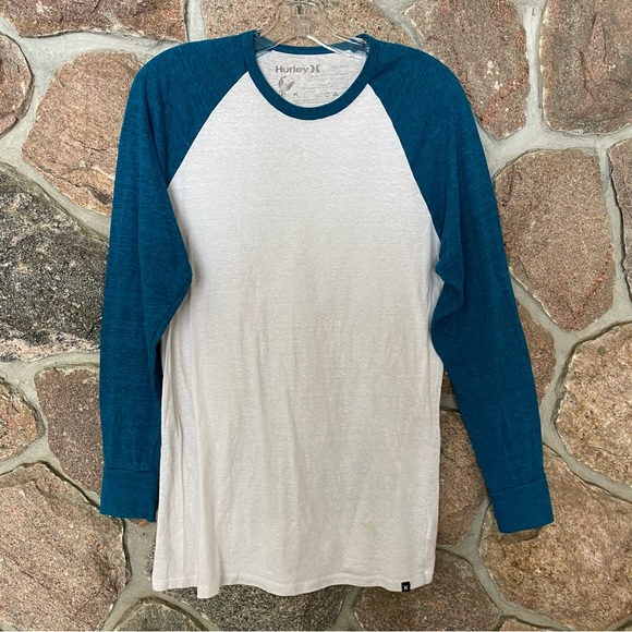 Mens Hurley long sleeved shirt: white with turquoise blue sleeves - Picture 1 of 4